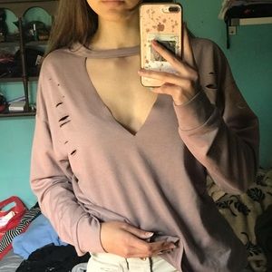 Distressed nude long sleeve open chest shirt